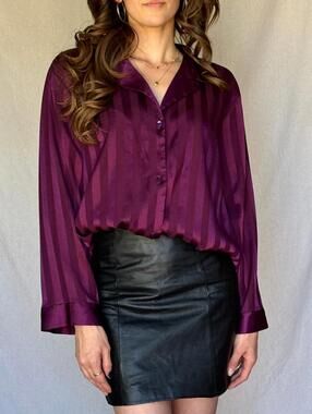 90s Cabernet Red Satin Striped Button Up Blouse